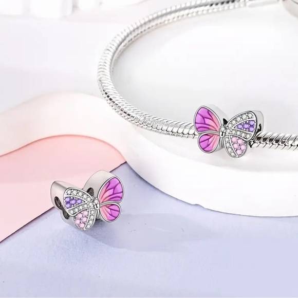 925 Sterling Silver Purple & Pink Cubic Zirconia Butterfly Charm/Pendant - NWT - Picture 2 of 5